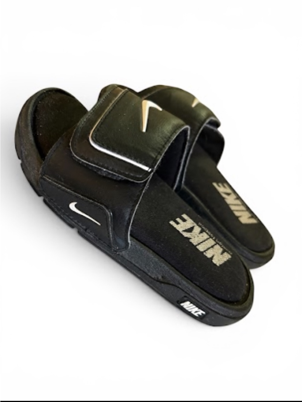 Nike Black Slides with White Swoosh Accents Boys Size 12.